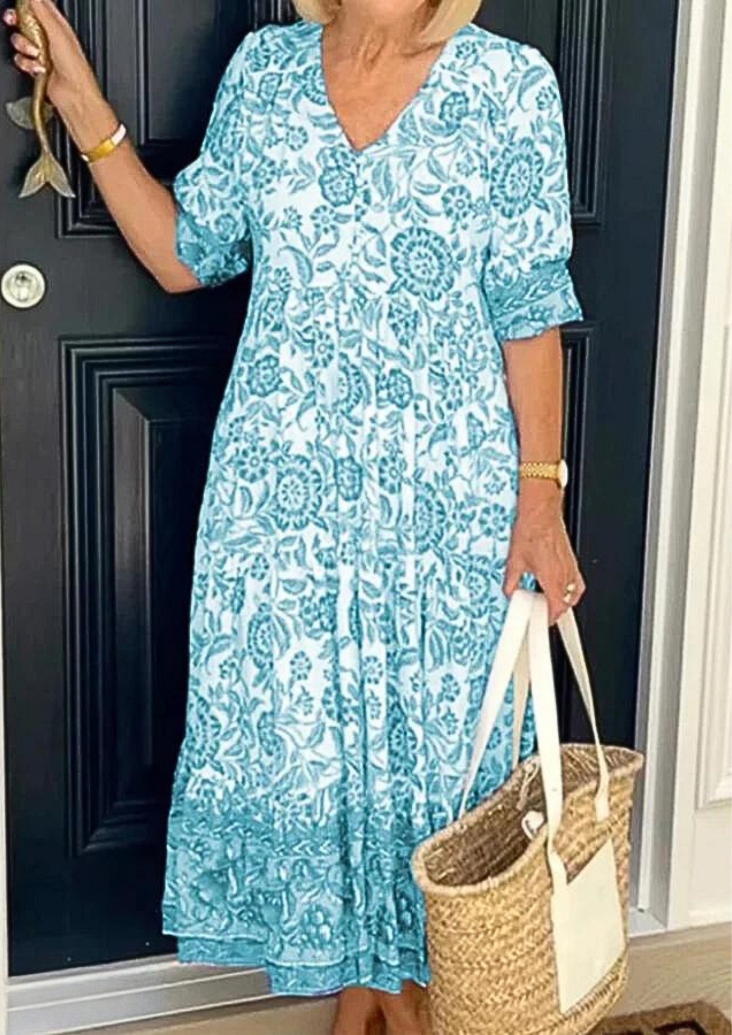 Camilla™ Baumwoll-Blumen V-Ausschnitt Kleid