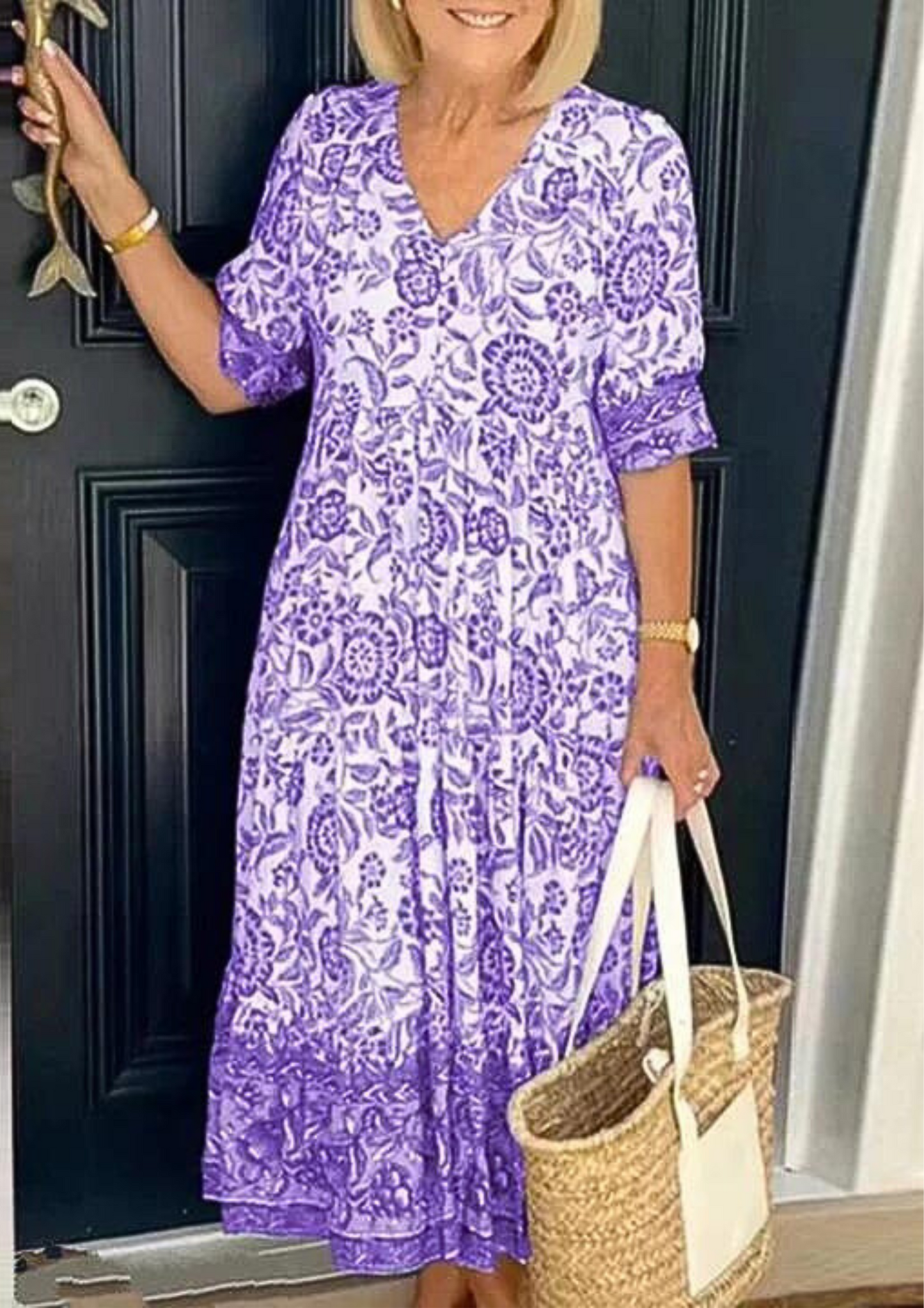 Camilla™ Baumwoll-Blumen V-Ausschnitt Kleid