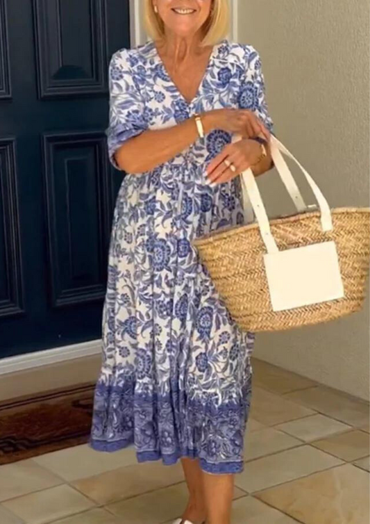 Camilla™ Baumwoll-Blumen V-Ausschnitt Kleid